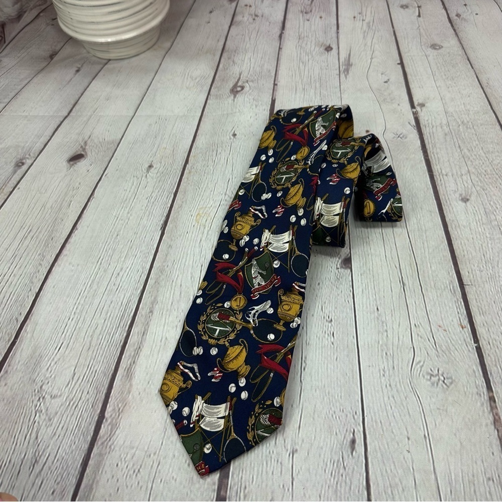 Brooks Brothers makers Navy Gold old sport tennis themed silk Tie preppy